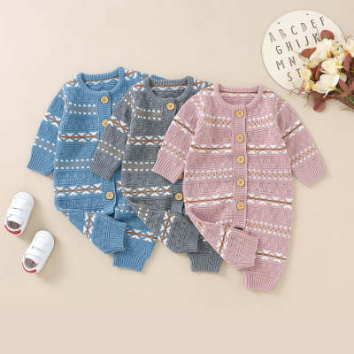 Baby Geometric Pattern Button-up Long-sleeved Long-leg Knitted Romper