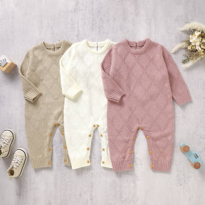 Baby Solid Color Knitted Plaid Pattern Jumpsuit