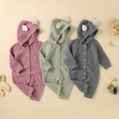 Baby Solid Color 3D Ear Design Cable Knitted Button Front Extra Thick Long-sleeved Long-leg Romper