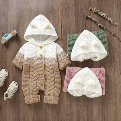 Baby Color-block Gradient Knitted Hooded Jumpsuit