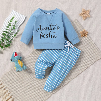 Baby Boys Long Sleeve Letter Print + Elastic Bow Decorated Double Side Pocket Striped Trousers Set