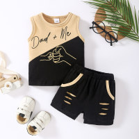 Sleeveless color-blocked lettering top and shorts set  Black