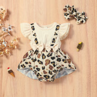 Leopard print flying sleeves ribbed romper  Apricot