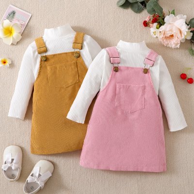 Toddler Girl Sweet Solid Color Corduroy Strap Dress & T-shirt