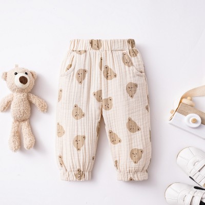 Baby Boy Solid Color Cute Bear Pattern Woven Trousers