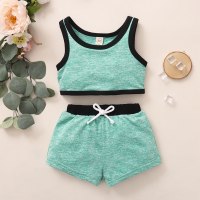 Toddler Girl Plain Cute Sport Style Contrast Colored Tank Top & Shorts  Green