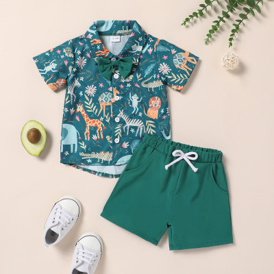 Animal bow tie short-sleeved shirt + shorts set