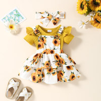 Pelele de rayas con mangas voladoras + falda con tirantes y estampado floral  Amarillo