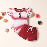 Striped open-chest short-sleeved T-shirt + shorts  Pink