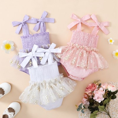 Baby Girl Floral Pattern Mesh Bow-knot Decor Dress Bodysuit