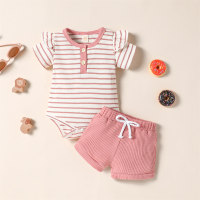 Striped open-chest short-sleeved T-shirt + shorts  Apricot