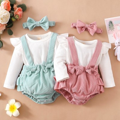 Baby Solid Color Bowknot Decor Ruffled Sleeve 2 In 1 Romper with Headband