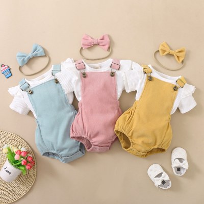 Baby Girl Solid Color Ruffle-sleeve T-shirt & Corduroy Suspender Shorts