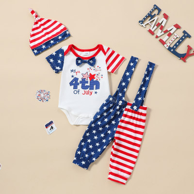 Letter short-sleeved romper and star overalls striped hat combination set