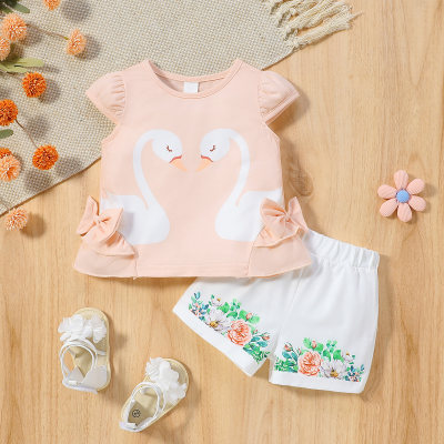 Summer baby girl swan short-sleeved shorts suit