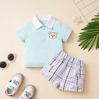Baby Boy 2 Pieces Solid Color Embroidered Bear Polo Collar T-shirt & Plaid Shorts