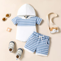 Striped hooded short-sleeved shirt + striped shorts  Blue