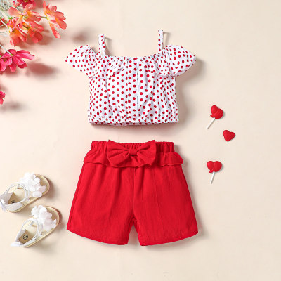 Polka dot suspender short sleeves + bow lace shorts set