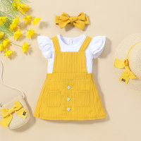 Striped flying sleeves short-sleeved T-shirt + suspender skirt set  Yellow