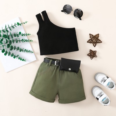 Toddler Girl Fashion Solid Color Asymmetric Tank Top & Shorts & Belt