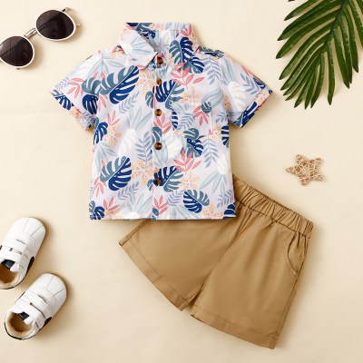 2-piece Toddler Boy Allover Floral Printed Short Sleeve Shirt & Solid Color Shorts