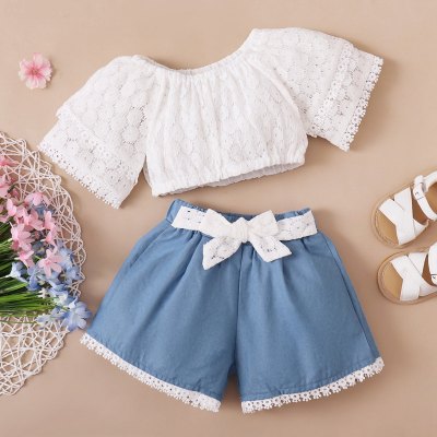 Toddler Girl Sweet Bow Knot Decor Lace T-shirt & Shorts