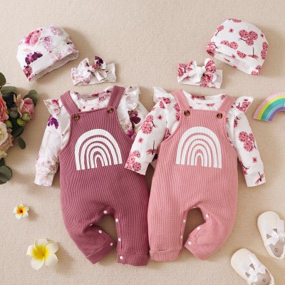 Baby Girl Floral Pattern Ruffle-sleeve Romper & Rainbow Pattern Overalls & Hat & Headband