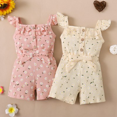 Toddler Girl Casual Floral Fly Sleeves Overalls