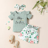 Striped letter short sleeves + lace bow printed shorts  Green