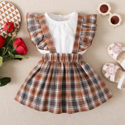 Toddler Girl Sweet Cute Plaid Ruffle T-shirt & Strap Dress