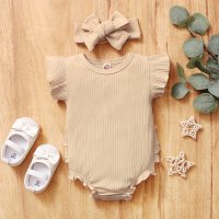 Baby Girl 2 Pieces Solid Bodysuit & Headband  Apricot
