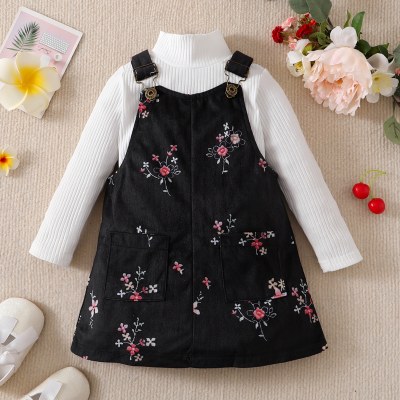 Toddler Solid Color T-shirt & Floral Overalls Dress