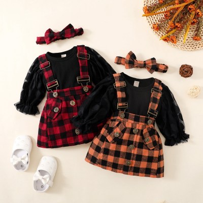 Baby Solid Color Romper & Plaid Overalls with Headband