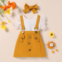 Flying sleeves ribbed short sleeves and suspender skirt set  Yellow