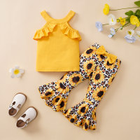 Ruffled Off-Shoulder Top Sunflower Leopard Print Flared Pants Set  Yellow
