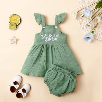 Baby Girl 2 Pieces Solid Color Floral Pattern Sleeveless Blouse & Shorts