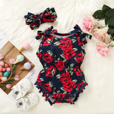 Baby Girl 2 Pieces Floral Pattern Bow Lace Decor Bodysuit & Headband