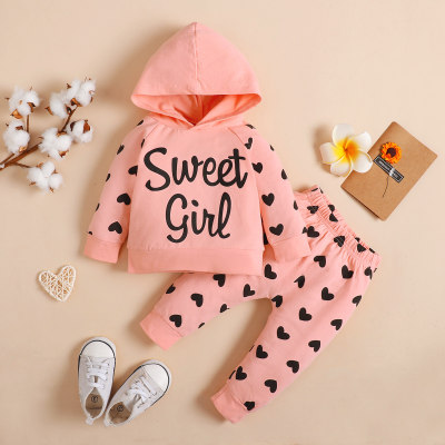 2-piece Baby Girl Heart Dotted Letter Printed Hoodie & Allover Heart Dotted Pants