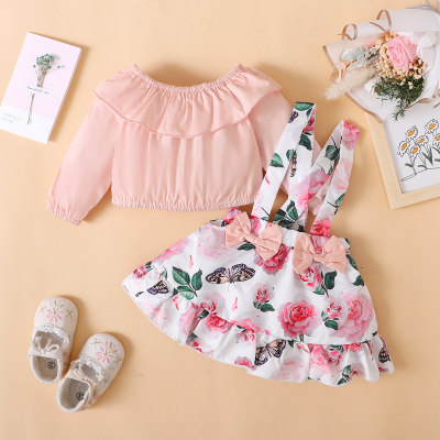 2-piece Baby Girl Solid Color Lapel Slash Neck Long Sleeve Top & Floral Bowknot Overall Dress