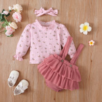 Baby Girl Floral Ruffle Sleeve Top & Suspender Tiered Skirt With Headband  Pink