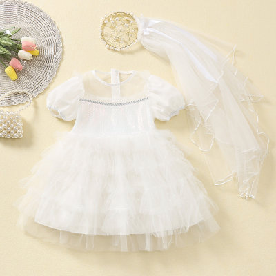 Vestido de mangas con vuelo de malla de encaje de lentejuelas de color liso para bebé