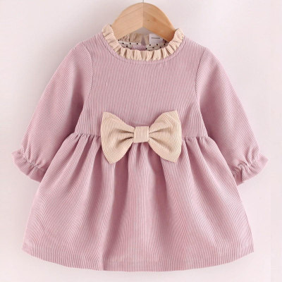 Baby Girl Corduroy Solid Color Ruffled Neck Bowknot Decor Long Sleeve Dress