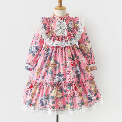 hibobi Baby Girl Sweet Ruffle Floral Print Long Sleeve Dress
