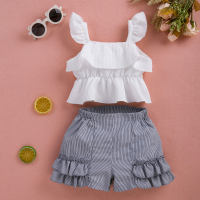 ملابس أطفال صيفية جديدة بدون أكمام وسروال مخطط مكون من قطعتين  أبيض