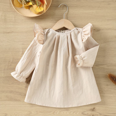 Baby-Herbst-Langarmkleid mit fliegenden Ärmeln, plissiertes Kleid, süßes und süßes Babykleid