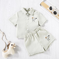 Infant and child spring and summer animal embroidered short-sleeved shirt and shorts set  Green