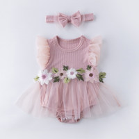 Summer new children's clothing baby sleeveless gauze khaki baby girl embroidered jumpsuit headwear two-piece set  Pink