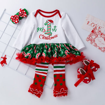 4 peças bebê menina carta de natal estampado floral patchwork vestido tutu manga longa e sapatos de decoração bownot e polca listrada pontilhada aquecedor de pernas e headwrap