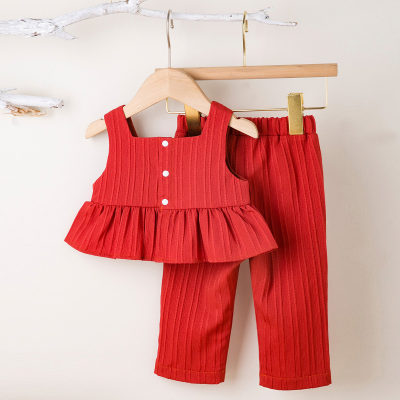 Baby spring and summer jacquard texture cute ruffled sleeveless vest trousers small suit