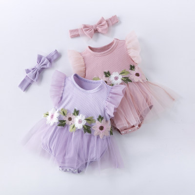Summer new children's clothing baby sleeveless gauze khaki baby girl embroidered jumpsuit headwear two-piece set